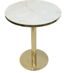 A round accent table featuring a white marble top with natural veining and a polished gold-finished metal pedestal base. — 3D model
