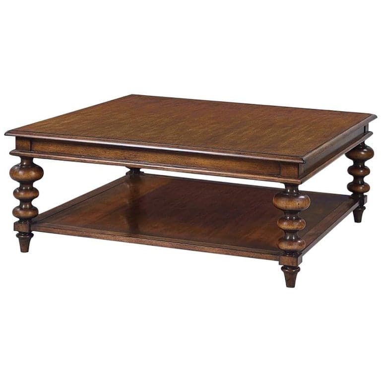 A square coffee table with a lower shelf. The table features turned legs with a bulbous, stacked design. The surface has a rich wood grain finish. The overall construction appears sturdy and traditional. — 3D model