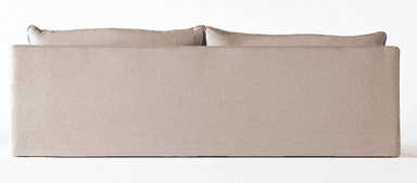 A sofa with a modern, minimalist design. It features a low profile, square arms, and two large back cushions. The upholstery appears to be a textured fabric with a neutral tone. — 3D model