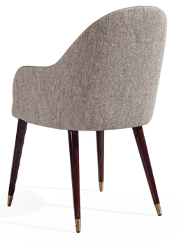 A single armchair with a curved backrest and armrests. The seat and back are upholstered in a smooth, light-colored fabric. The sides of the backrest feature a textured fabric in a neutral tone. The chair is supported by four tapered wooden legs, dark brown in color, with brass-colored caps at the feet. — 3D model