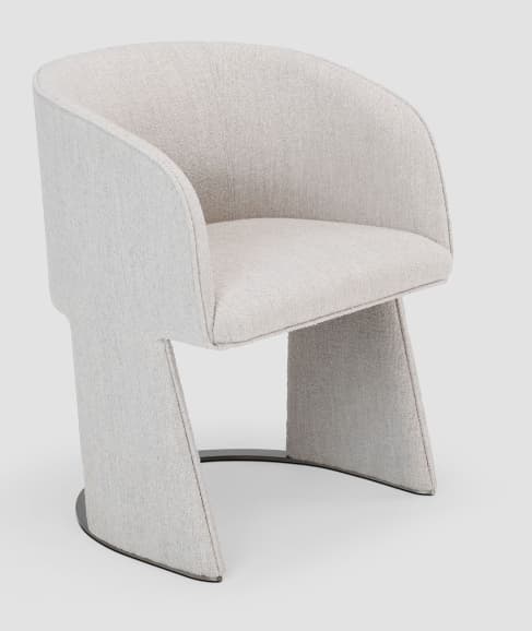 An upholstered dining chair featuring a unique sculptural pedestal base. The chair has a curved backrest and integrated armrests, all seamlessly upholstered in a light-colored, textured fabric. The base flares out from the center, creating a sturdy yet visually distinctive support, finished with a dark circular metal ring at the very bottom. — 3D model
