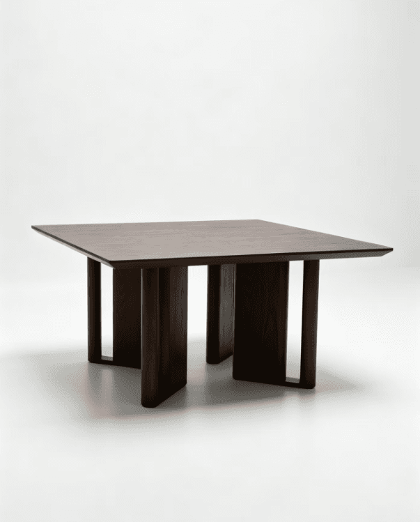 A square, dark wood table featuring a robust tabletop and a distinctive, sculptural base composed of both solid rectangular and rounded U-shaped vertical supports. — 3D model
