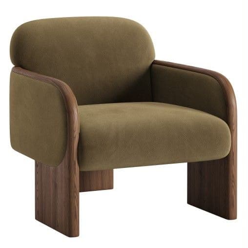 A contemporary lounge chair featuring a distinctive wooden frame that forms the armrests and base, cradling plush, rounded olive green upholstered cushions. The design emphasizes comfort and a sculptural aesthetic with its smooth curves and substantial form. — 3D model