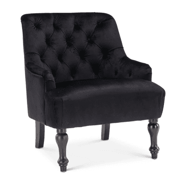A black velvet tufted armchair featuring rolled arms and turned wooden legs, presented against a white background. The chair's backrest is deeply button-tufted, providing a classic, elegant appearance. The upholstery is a soft, plush velvet material, and the front legs are decoratively turned, contrasting with the simpler, straight rear legs. — 3D model