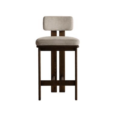 A backless bar stool with a light-colored upholstered seat and backrest, supported by a dark-stained wooden frame. The frame consists of four legs, a crossbar near the bottom for stability, and a visible joinery. — 3D model