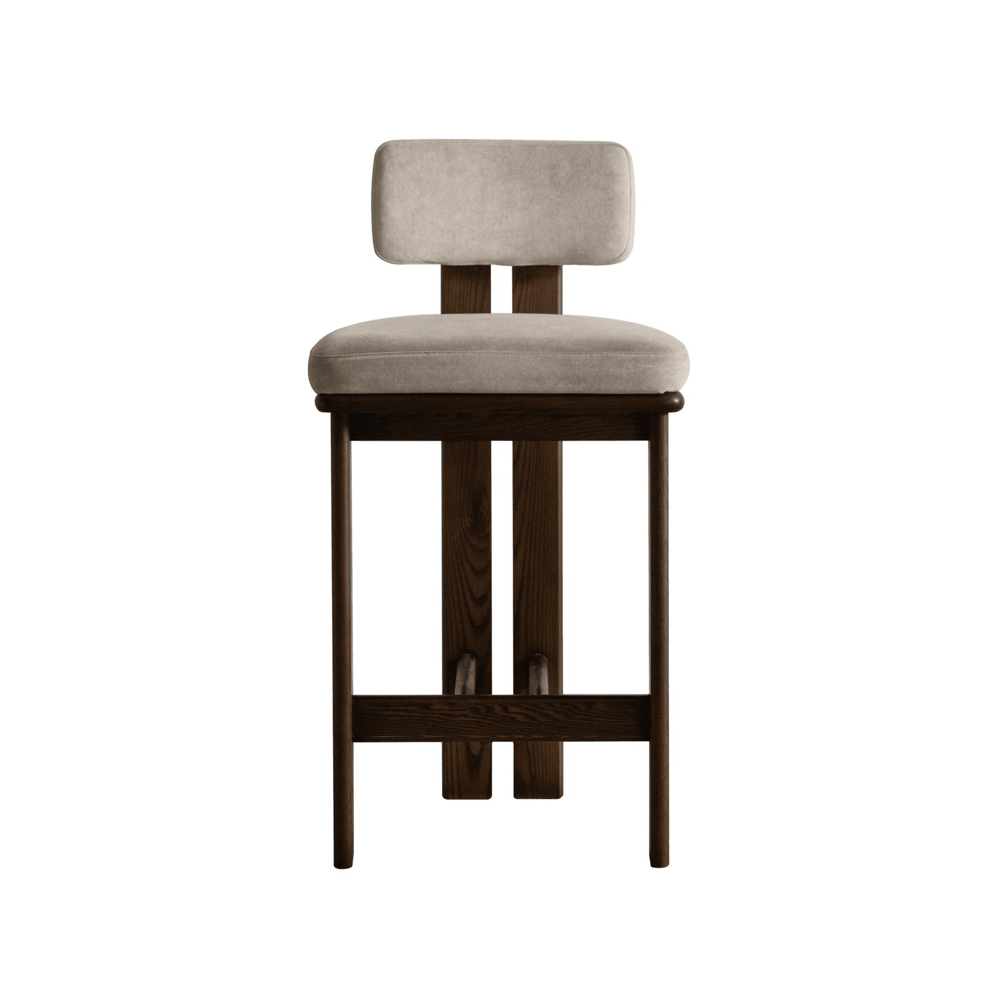 A backless bar stool with a light-colored upholstered seat and backrest, supported by a dark-stained wooden frame. The frame consists of four legs, a crossbar near the bottom for stability, and a visible joinery. — 3D model
