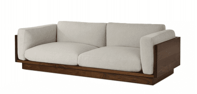 A modern sofa with a low-profile wooden base and frame. The seating and back cushions are upholstered in a light-colored fabric. The armrests are integrated into the wooden frame, creating a distinct geometric shape on the sides. — 3D model