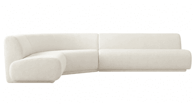 A contemporary curved modular sectional sofa upholstered in a light, textured fabric, likely boucle or similar. The sofa features a low-profile design with rounded edges and soft, plush forms. It consists of multiple independent modules that can be arranged to create various seating configurations, forming an L-shape in the depicted image. The base is subtly recessed, giving the sofa a floating appearance. — 3D model