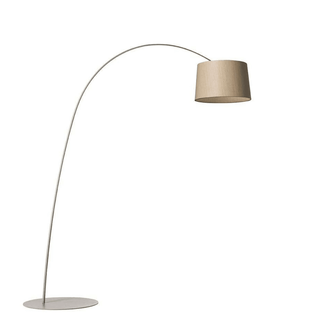 A modern arc floor lamp featuring a slender, arching metal stem that extends from a flat, circular base, suspending a cylindrical fabric drum shade overhead. — 3D model