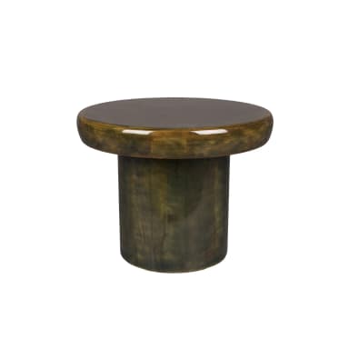 A cylindrical end table with a rounded top and a thick pedestal base. The surface of the table has a glossy, dark finish, while the base appears to be made of wood with a stained or aged finish. — 3D model