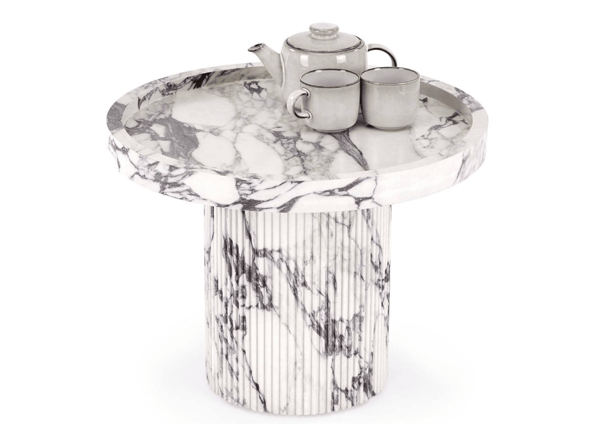 A round side table with a fluted pedestal base and a marble top. The top is slightly recessed to form a tray. The marble has a white base with prominent black veining. The pedestal base is also made of marble and features vertical fluting. — 3D model