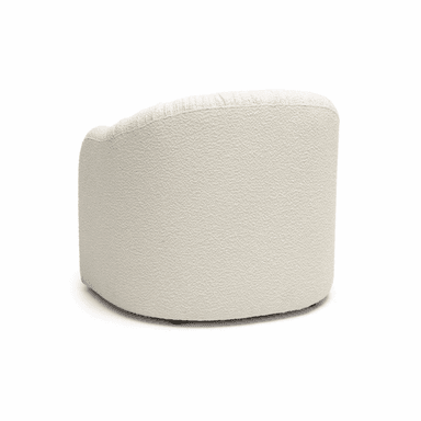 An upholstered barrel armchair featuring a continuous, curved backrest and integrated arms. The chair is covered in a cream-colored, textured fabric, likely boucle, and has a distinctive fringe skirt around its base. It includes a separate, rounded seat cushion. — 3D model