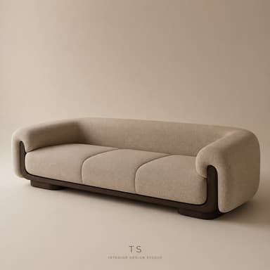 A three-seater sofa featuring a clean, contemporary design with integrated, rounded upholstered arms and backrest, supported by a dark wood plinth base. The sofa is upholstered in a neutral beige fabric and includes three individual seat cushions. — 3D model