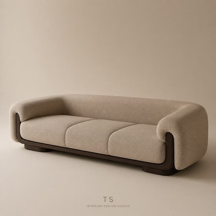 A three-seater sofa featuring a clean, contemporary design with integrated, rounded upholstered arms and backrest, supported by a dark wood plinth base. The sofa is upholstered in a neutral beige fabric and includes three individual seat cushions. — 3D model
