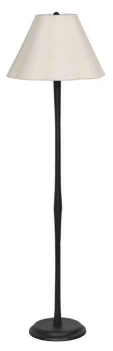 A tall, slender floor lamp with a conical lampshade and a weighted base. The lamp features a dark-colored, possibly metal, stem with a subtle tapered design near the middle. The lampshade is light-colored and appears to be made of fabric. — 3D model