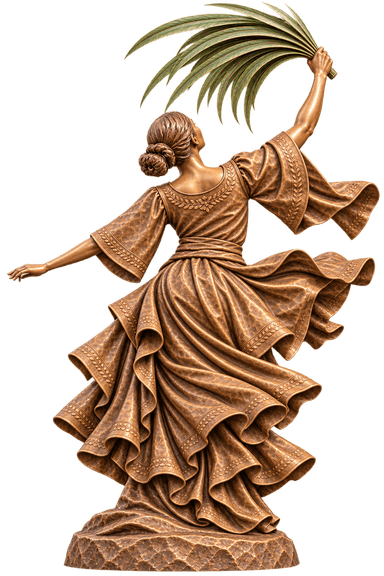A highly detailed bronze sculpture depicting a woman in a dynamic dancing pose, holding fanned palm fronds aloft. The figure's dress features elaborate, flowing drapery with tiered ruffles and intricate decorative borders, suggesting movement and elegance. Her hair is styled in an updo, and her back is turned towards the viewer, emphasizing the action. The sculpture exhibits a rich, textured bronze finish with a distinctive verdigris green on the palm fronds, all resting on a textured base. — 3D model