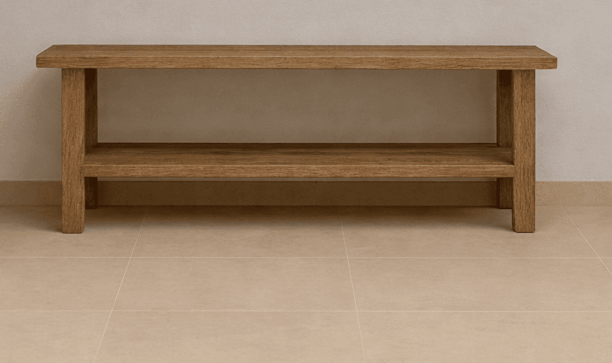 A wooden console table with two tiers. It features a plank-style top and a lower shelf, supported by four sturdy legs. The design is minimalist and robust, with visible wood grain. — 3D model