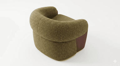 A modern lounge chair featuring a distinctive rounded and plush form, upholstered in a textured olive green fabric, with elegant dark wood panels integrated into the lower sides. — 3D model