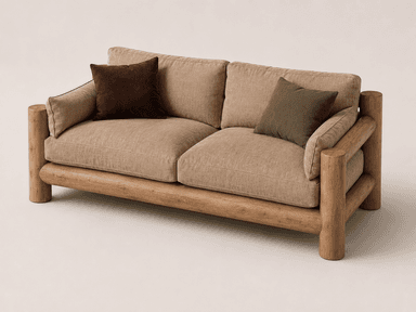 A two-seater sofa featuring a distinctive frame made from robust, rounded wooden logs, upholstered in a textured beige fabric. — 3D model