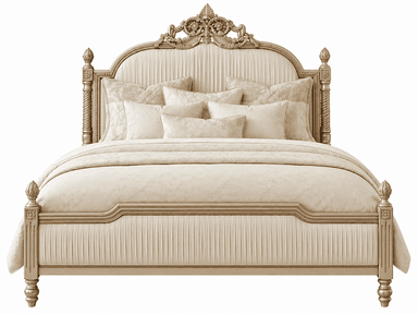 A luxurious and ornate bed featuring a carved wooden frame with a champagne finish, and pleated upholstered panels on both the headboard and footboard. The headboard is topped with elaborate scrollwork and floral motifs. — 3D model