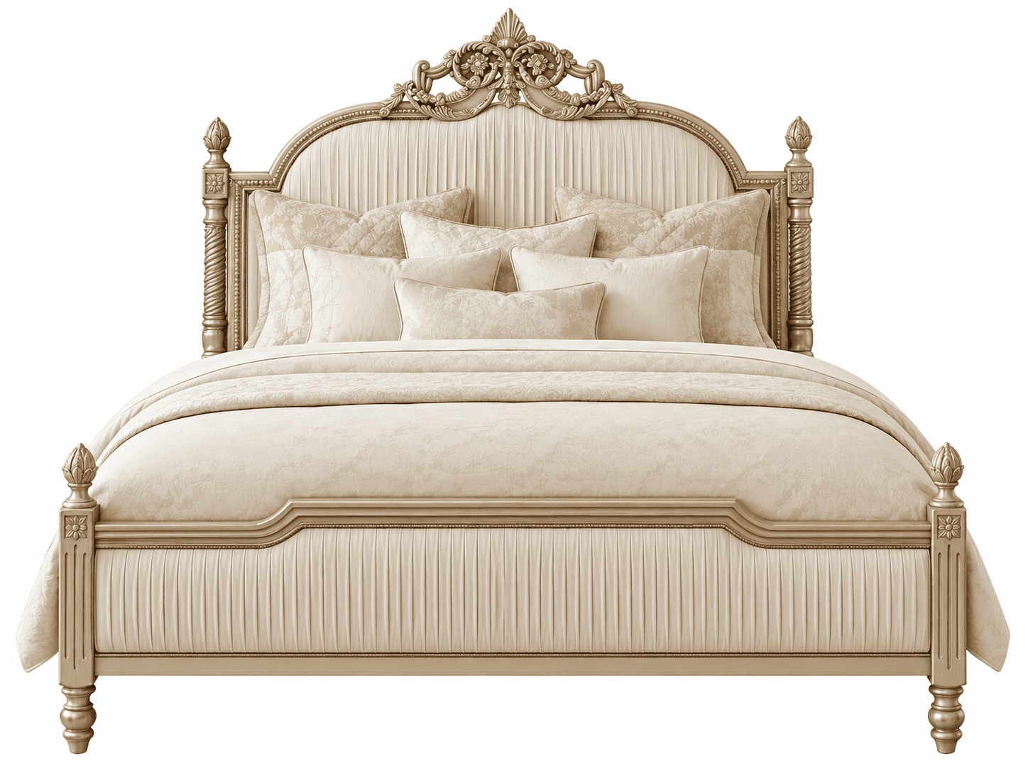 A luxurious and ornate bed featuring a carved wooden frame with a champagne finish, and pleated upholstered panels on both the headboard and footboard. The headboard is topped with elaborate scrollwork and floral motifs. — 3D model