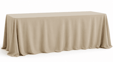 A rectangular table completely covered by a light beige, floor-length tablecloth, presented against a plain white background. The tablecloth drapes smoothly to the floor on all sides, obscuring the table's structure entirely. The fabric appears to be a lightweight, opaque textile, showing subtle folds and creases typical of a draped cloth. The top surface of the table remains flat and level under the fabric, suggesting a standard rectangular form. — 3D model