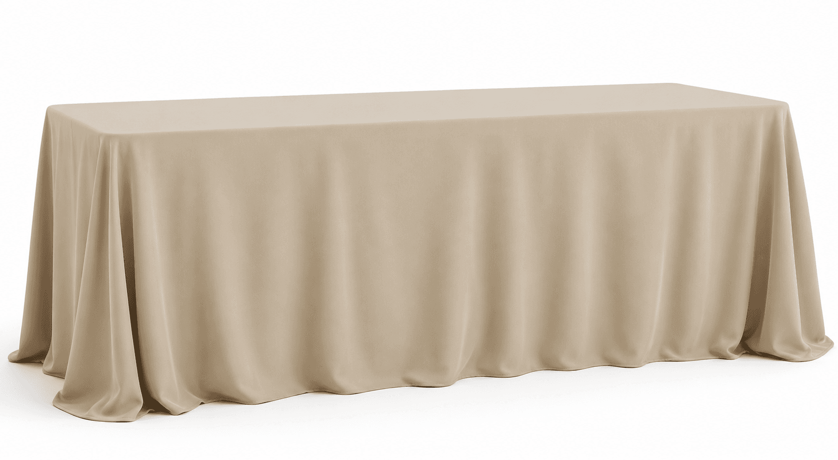 A rectangular table completely covered by a light beige, floor-length tablecloth, presented against a plain white background. The tablecloth drapes smoothly to the floor on all sides, obscuring the table's structure entirely. The fabric appears to be a lightweight, opaque textile, showing subtle folds and creases typical of a draped cloth. The top surface of the table remains flat and level under the fabric, suggesting a standard rectangular form. — 3D model
