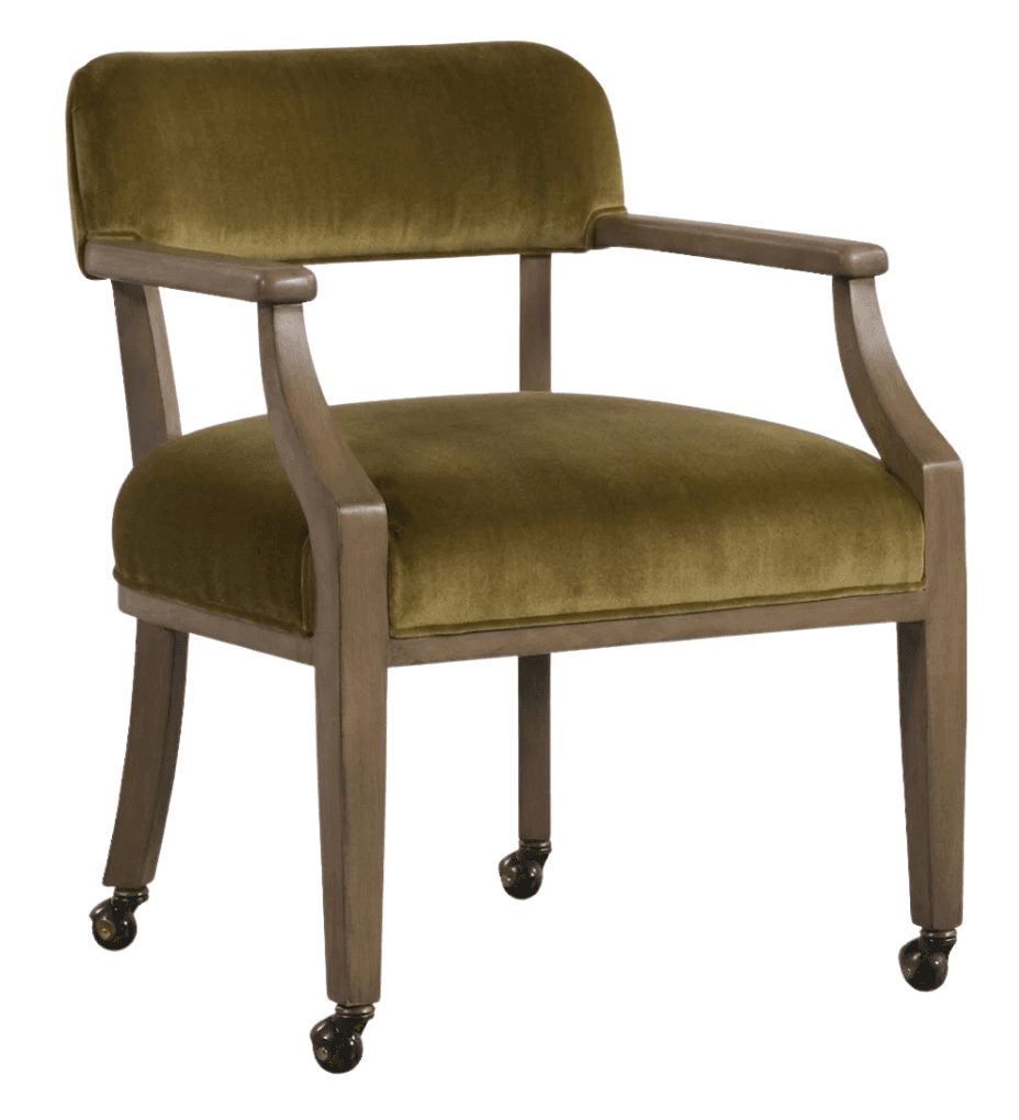 An upholstered armchair featuring a solid wood frame and olive green velvet upholstery, complete with casters on all four legs. — 3D model