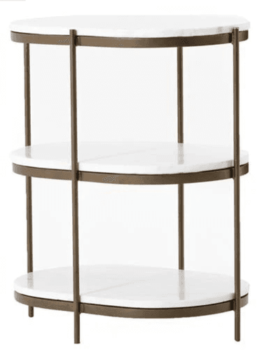 A contemporary three-tiered side table featuring oval shelves crafted from white marble, supported by a slender bronze-toned metal frame. The open design provides storage and display space. — 3D model