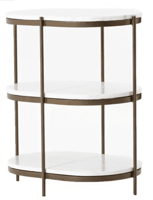 A contemporary three-tiered side table featuring oval shelves crafted from white marble, supported by a slender bronze-toned metal frame. The open design provides storage and display space. — 3D model