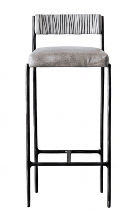 A bar stool with a black metal frame and a cushioned seat and backrest. The seat is upholstered in a light gray material. The backrest is narrow and features a striped pattern in white and grey, with the stripes running horizontally. — 3D model