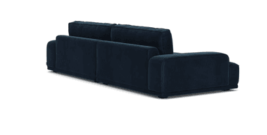 A modern, deep navy blue upholstered sofa with a low profile and plush cushions. It features clean lines, a square armrest on the left, and appears to be a modular or two-seat design, with visible seams dividing the seat and back cushions. — 3D model