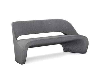 A modern, dark gray, monolithic bench made of concrete, featuring a continuous, curved form that integrates the backrest, seat, and base. It has an open-back design with a distinct gap between the seat and back, contributing to its sculptural aesthetic. — 3D model
