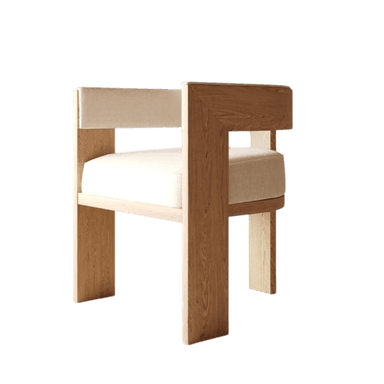 A modern chair featuring a curved, upholstered backrest and seat, supported by a wooden frame. The frame has a minimalist design with thick, angular legs and a central support structure for the seat. The upholstery appears to be a textured, light-colored fabric. — 3D model