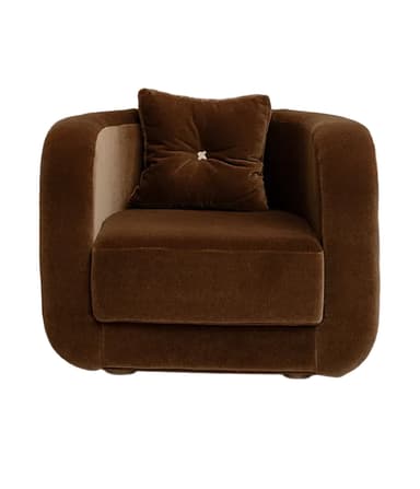 A generously proportioned, single-seater lounge chair upholstered in a rich brown velvet fabric, featuring a distinct rounded silhouette for both the armrests and backrest. It includes a separate seat cushion, a back cushion, and a matching, button-tufted throw pillow, all contributing to a plush and inviting aesthetic. — 3D model