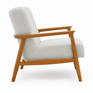 A modern upholstered armchair featuring a light-colored, textured boucle fabric and a visible wooden frame with tapered legs. — 3D model