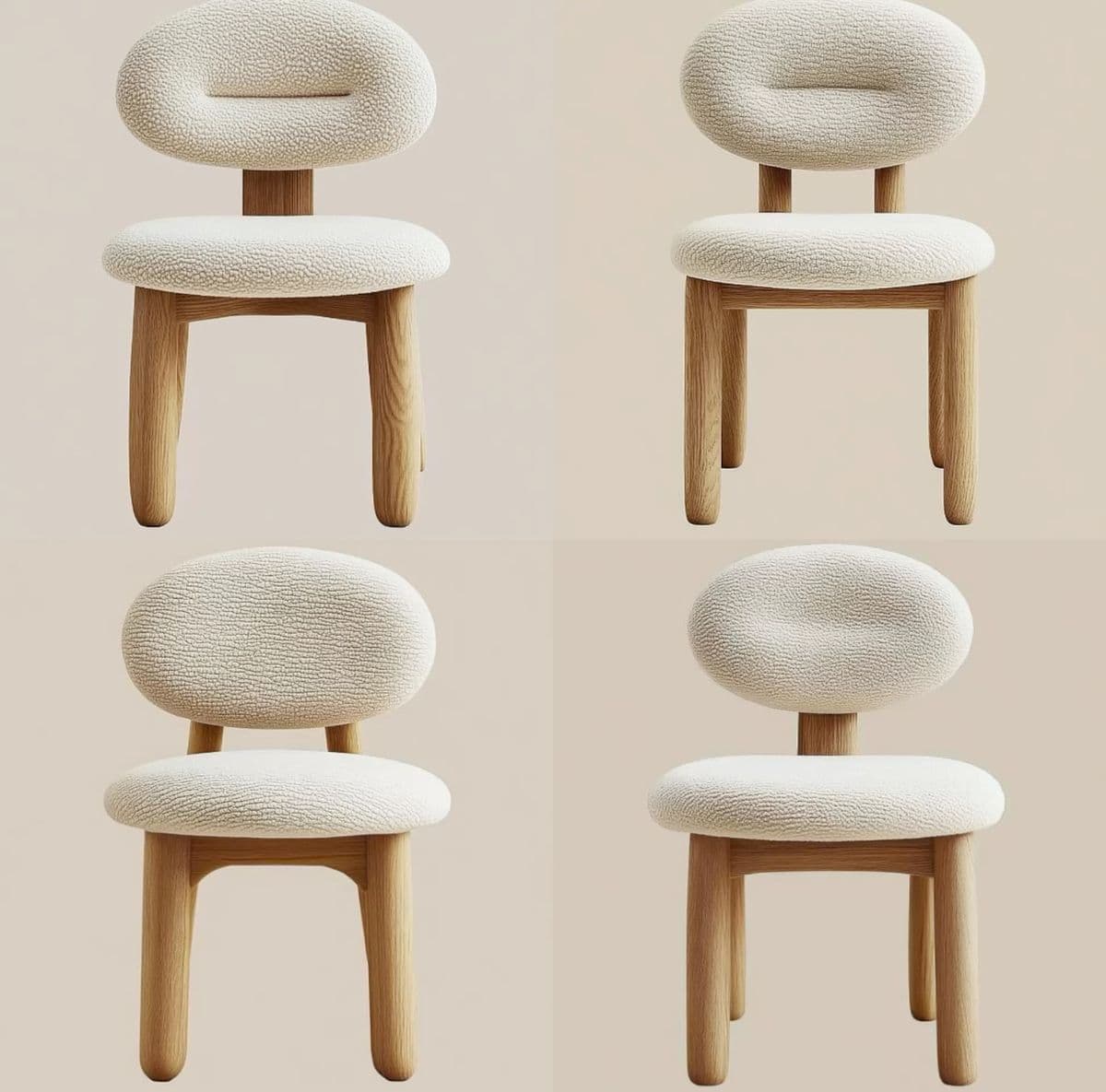 An organic modern accent chair featuring a rounded seat and a distinctive, sculpted backrest, both upholstered in a cream-colored boucle fabric. The chair stands on four sturdy, cylindrical legs made of light-toned wood, showcasing a minimalist and playful design. — 3D model