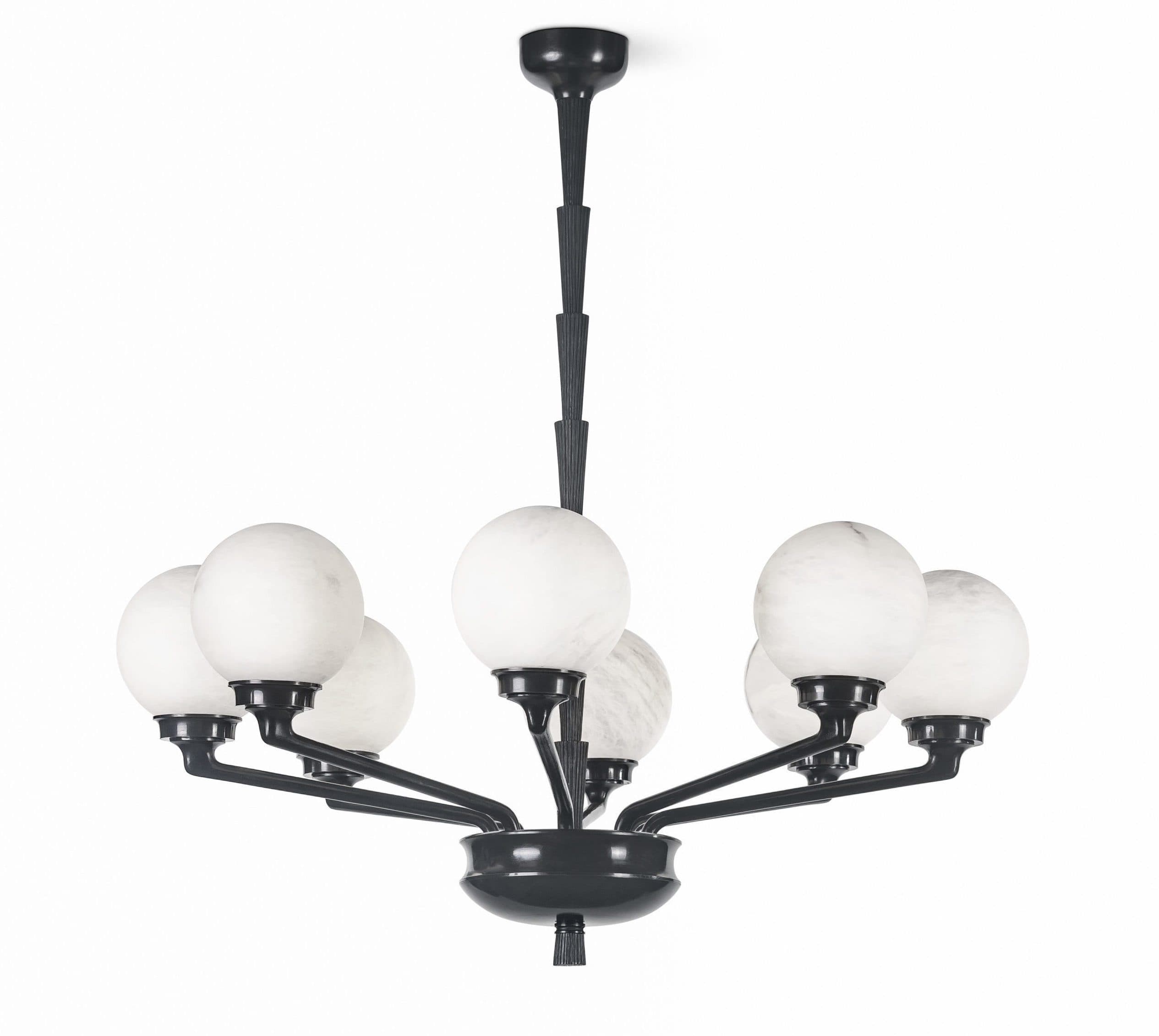 A black chandelier with a tiered central stem and six arms. Each arm supports a frosted white globe-shaped light fixture. The central stem has a ribbed, conical design in segments. The arms are curved and extend outwards from a central hub, also in black. — 3D model
