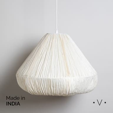 An off-white, cone-shaped pendant light featuring a heavily textured, pleated shade made from a natural fiber material, suspended by a simple white cord from the ceiling. — 3D model