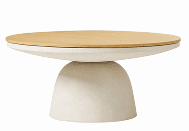 A round coffee table featuring a light-toned wooden top and a sturdy, textured concrete-effect pedestal base with an organic, sculptural form. — 3D model