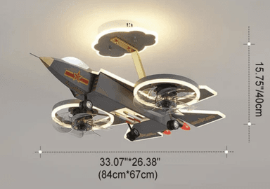 A multi-functional ceiling fixture designed in the shape of a jet fighter. It features a dark grey body with gold accents, red star insignia on the wings, and red missile-like structures at the rear. Two circular units, each containing a fan and an LED light ring, are integrated beneath the wings. The fixture is suspended from a gold-colored arm attached to a cloud-shaped ceiling mount. — 3D model