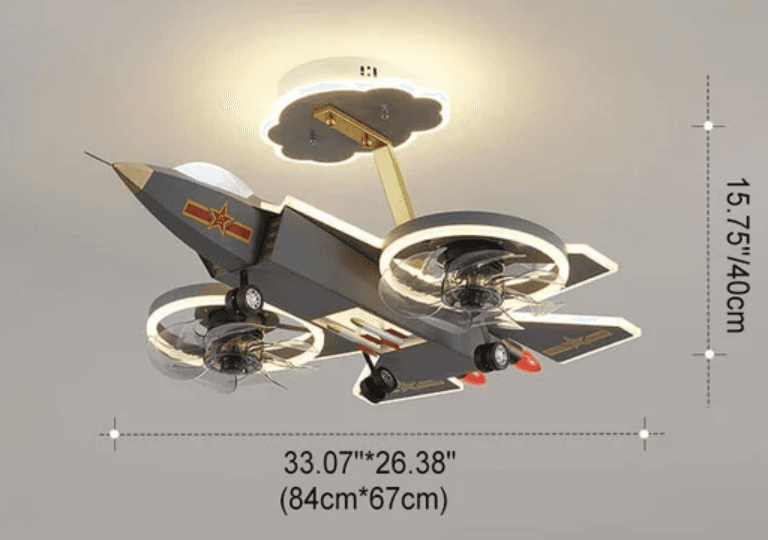 A multi-functional ceiling fixture designed in the shape of a jet fighter. It features a dark grey body with gold accents, red star insignia on the wings, and red missile-like structures at the rear. Two circular units, each containing a fan and an LED light ring, are integrated beneath the wings. The fixture is suspended from a gold-colored arm attached to a cloud-shaped ceiling mount. — 3D model