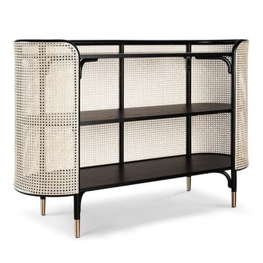 A contemporary open shelving unit featuring curved side panels made from natural cane webbing. The frame and shelves are crafted from dark wood or metal, providing a striking contrast. It includes two open shelves for display or storage, supported by a minimalist structure with short legs, some tipped with brass accents. — 3D model