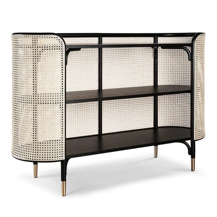 A contemporary open shelving unit featuring curved side panels made from natural cane webbing. The frame and shelves are crafted from dark wood or metal, providing a striking contrast. It includes two open shelves for display or storage, supported by a minimalist structure with short legs, some tipped with brass accents. — 3D model