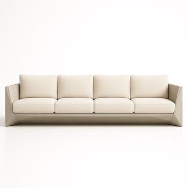 A modern, four-seater sofa with a low profile and a geometric base. The sofa features upholstered seat cushions and back cushions in a light, neutral fabric. The frame appears to be made of wood with a light finish and has sharp, angular lines, particularly at the armrests. — 3D model