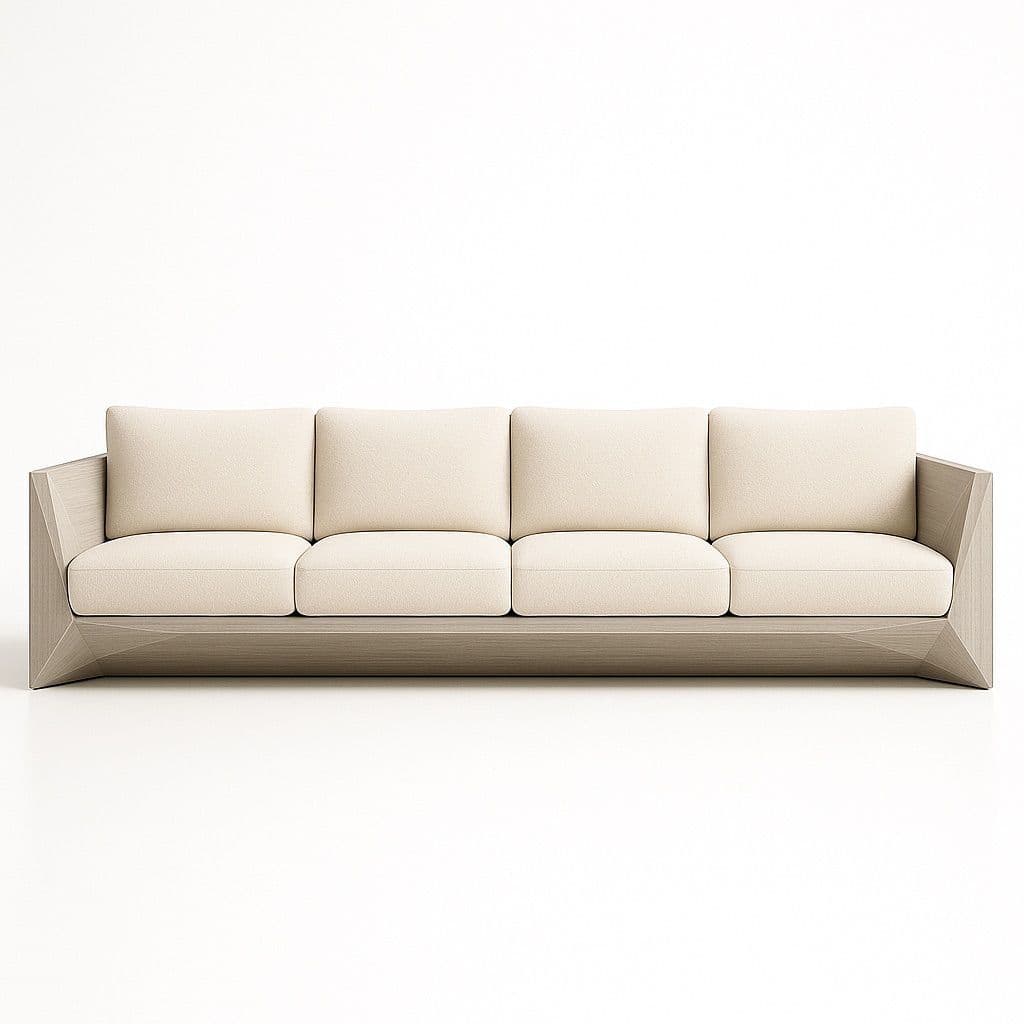 A modern, four-seater sofa with a low profile and a geometric base. The sofa features upholstered seat cushions and back cushions in a light, neutral fabric. The frame appears to be made of wood with a light finish and has sharp, angular lines, particularly at the armrests. — 3D model