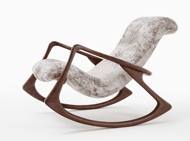 A modern rocking chair with a curved wooden frame and a padded upholstered seat and backrest. The frame features flowing lines and appears to be made from a dark wood, possibly walnut. The upholstery is a light-colored textured fabric. — 3D model