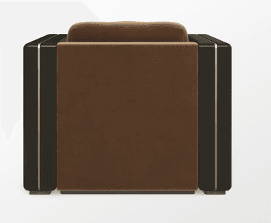 A single-seat, fully upholstered armchair featuring a distinct Art Deco or Streamlined Modern design. The chair has a boxy silhouette with plush, deep brown velvet upholstery on the seat, backrest, and inner armrests. The outer frame, including the robust, rectangular arms and base, is constructed from a dark, possibly lacquered or high-gloss wood, accented with slender metallic inlays on the vertical planes of the arms. — 3D model