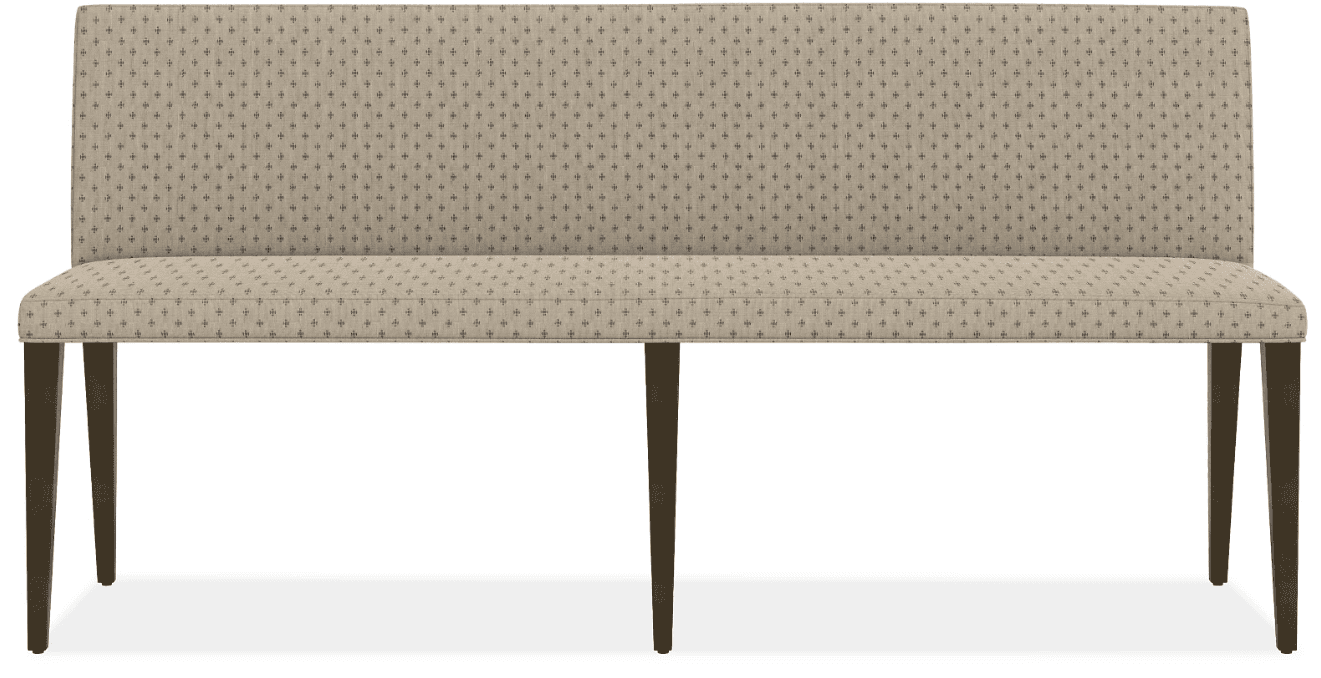 A long, upholstered bench featuring a backrest and four dark-stained tapered wooden legs. The bench is covered in a light beige fabric with a small, repeating geometric pattern. The seat and backrest are both cushioned and maintain a rectangular, streamlined profile. — 3D model