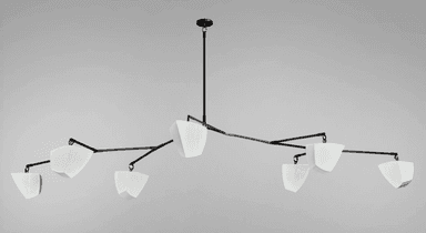 A modern, sculptural chandelier with a dark-finished metal frame and multiple articulated arms, each supporting an opaque, geometric white shade. The design is contemporary and minimalist, spreading light across a wide area. — 3D model